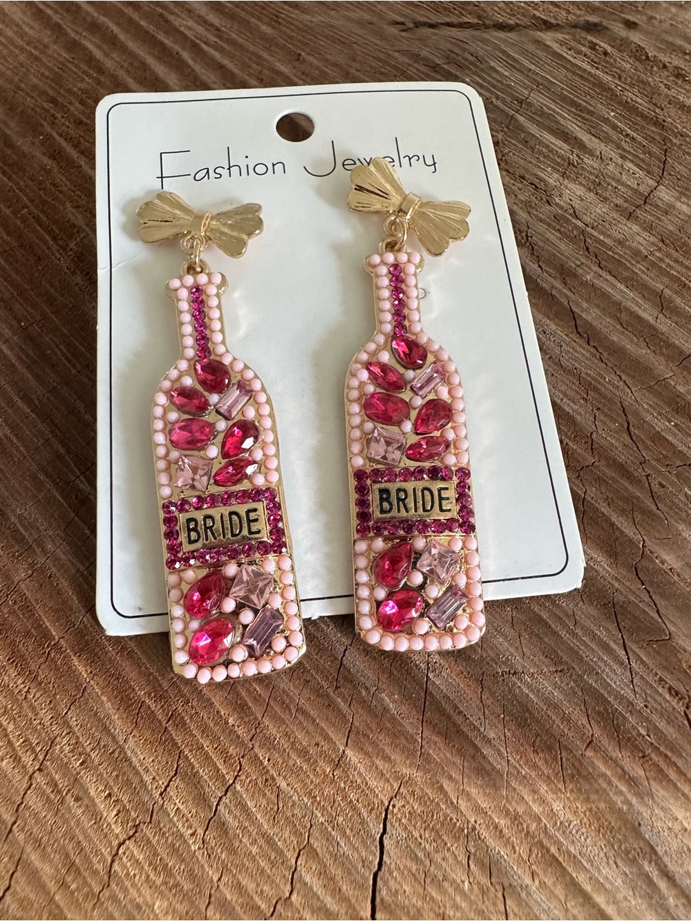 Fashion Jewelry Pink 'BRIDE' Bottle Drop Earrings with Gold Bow Posts